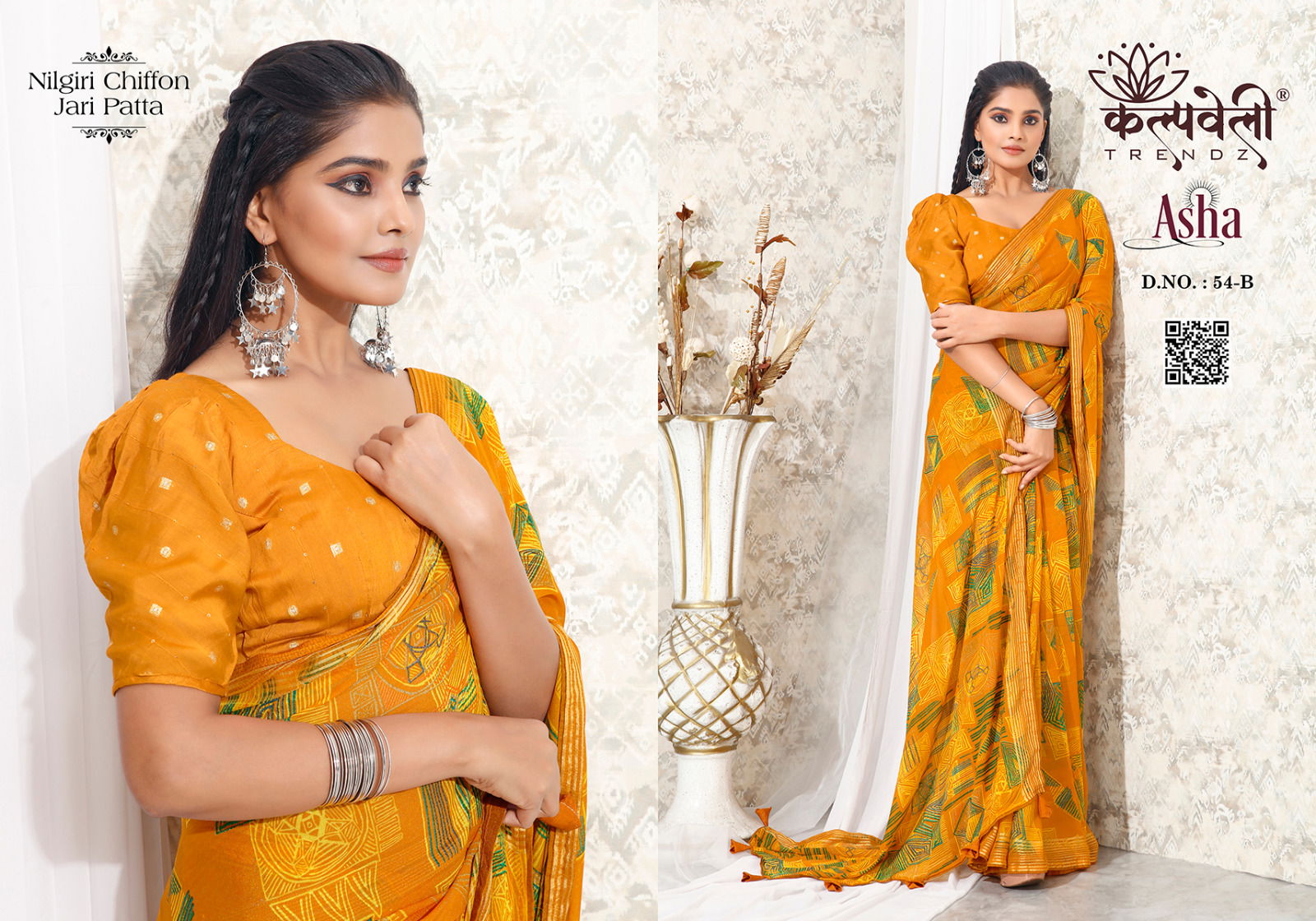 Asha 54 By Kalpatru Printed Nilgiri Chiffon Sarees Wholesale Shop In Surat